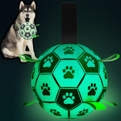 RUCACIO Glow in the Dark Hundespielzeug: Hunde-Fußball mit Riemen, leuchtende Hundebälle für große Hunde, interaktives Hundespielzeug für Welpen, Geburtstagsgeschenke von RUCACIO