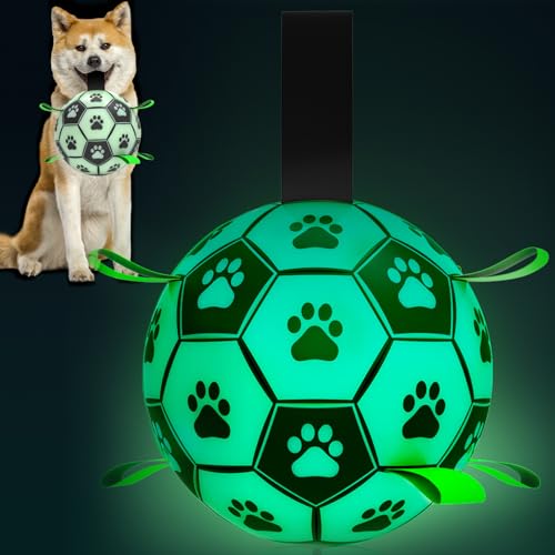 RUCACIO Glow in the Dark Hundespielzeug: Hunde-Fußball mit Riemen, leuchtende Hundebälle für mittelgroße Hunde, interaktives Hundespielzeug für Welpen, Geburtstagsgeschenke von RUCACIO