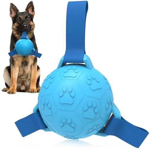 RUCACIO Hundebälle, unzerstörbares Hundespielzeug, Fußball mit Riemen, interaktiver robuster Hundefußball für kleine, mittelgroße Hunde, Blau, 10,2 cm von RUCACIO