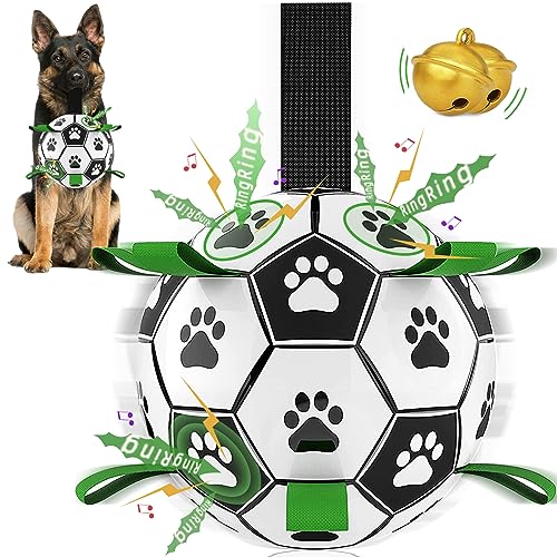 RUCACIO Hundespielzeug: Hunde-Fußball mit Glocke im Inneren, interaktives Hundespielzeug mit Riemen für große Hunde, Fußballspielzeug für Tauziehen, Wasserspielzeug, Welpen-Geburtstagsgeschenke (grün) von RUCACIO