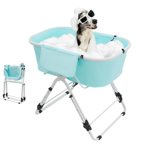 RUETERY Hundebadewanne Faltbar, 5 Höhenverstellbar Hunde Badewanne mit Abfluss und Aufbewahrungstaschen, max. bis 68kg Tragbar Badewanne für Kleine bis Mittlere Hunde und Katzen von RUETERY