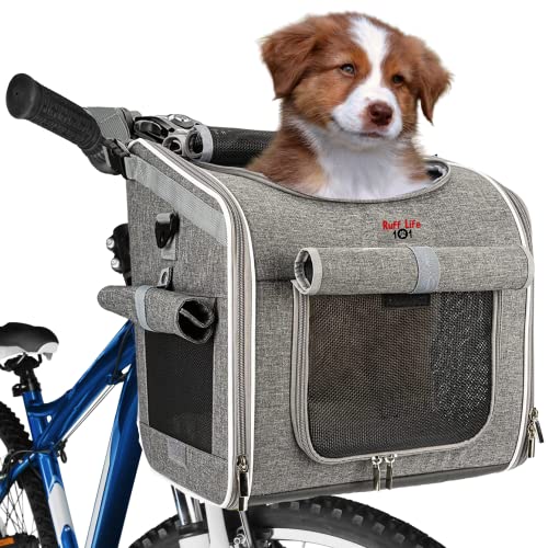 Hunde-Fahrradkorb, erweiterbar, weich, reflektierend, Haustier-Rucksack mit 4 offenen Türen, 4 Netzfenstern für mittelgroße und kleine Hunde, Katzen, Welpen (grau) von RUFF LIFE 101