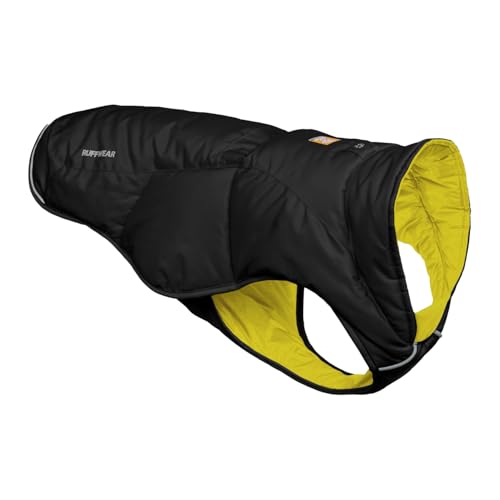 RUFFWEAR Quinzee mittelgroße Hunde-Regenjacke, isolierter Allwetter-Hundemantel, Wasserabweisende Hundejacke, leichte Hundeweste und Tragetasche, Größe M, Obsidianschwarz von RUFFWEAR