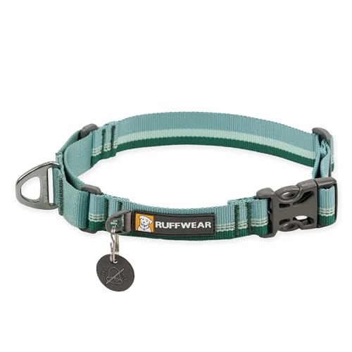 RUFFWEAR Web Reaction Hundehalsband, verstellbares Martingal-Halsband mit Aluminium-V-Ring und seitlicher Öffnung, bequemer Stoff, reflektierendes mit Schlauchlock-Gurtband River Rock Green 23"-26" von RUFFWEAR