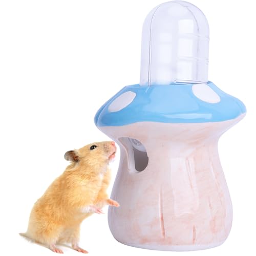 RUIAN Pilz-Hamster-Wasserflasche mit Ständer, auslaufsicherer Keramik-Wasserspender mit Edelstahldüse für Hamster, Chinchillas, Kleintierkäfige (blau) von RUIAN