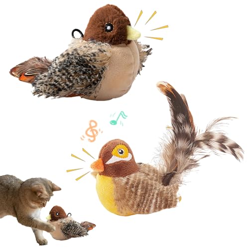Interaktives Katzenspielzeug – Berührungsempfindlichkeit – Nachahmung eines singenden Vogels – mit Federn für den Innenbereich (2 Stück) von RUICUBEI