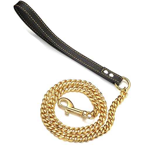 RUMYPET 18 Karat Gold, 11 mm/15 mm, solide, kaufest, kubanische Gliederkette aus 316L-Edelstahl, mit glattem Ledergriff, schöne Leine für Spaziergänge, Training, 11 mm RUMYPET 18 Karat Gold, 11 mm/15 mm, solide, kaufest, kubanische Gliederkette aus 316L-Edelstahl, mit glattem Ledergriff, schöne Leine für Spaziergänge, Training, 11 mm von RUMYPET