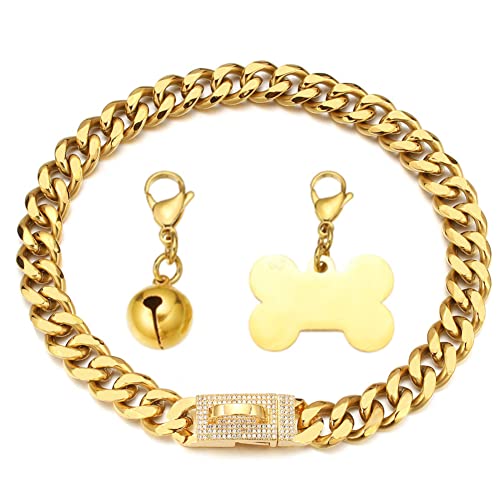 RUMYPET Goldfarbenes Hundehalsband, 18 Karat, kubanische Gliederkette, Halsband mit Hundemarke und Glöckchen, 15 mm/19 mm, für mittelgroße und große Hunde, 15 mm RUMYPET Goldfarbenes Hundehalsband, 18 Karat, kubanische Gliederkette, Halsband mit Hundemarke und Glöckchen, 15 mm/19 mm, für mittelgroße und große Hunde, 15 mm von RUMYPET
