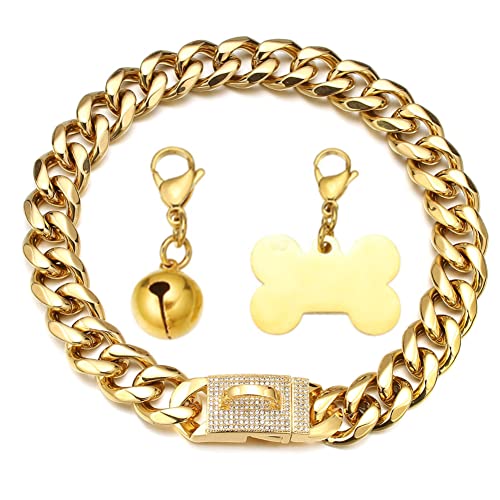 RUMYPET Goldfarbenes Hundehalsband, 18 Karat, kubanische Gliederkette, Halsband mit Hundemarke und Glöckchen, 15 mm/19 mm, für mittelgroße und große Hunde, 19 mm RUMYPET Goldfarbenes Hundehalsband, 18 Karat, kubanische Gliederkette, Halsband mit Hundemarke und Glöckchen, 15 mm/19 mm, für mittelgroße und große Hunde, 19 mm von RUMYPET