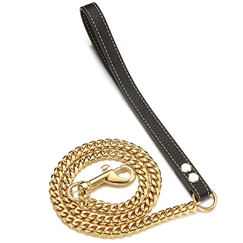 RUMYPET Robuste goldfarbene Hundeleine, 10 mm, Edelstahl, Miami, kubanische Gliederkette mit robustem Echtledergriff, für Training, Spazierengehen (10 mm) von RUMYPET