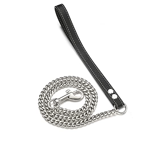 RUMYPET Robuste silberfarbene Hundeleine, 10 mm, Edelstahl, Miami, kubanische Gliederkette mit robustem Echtledergriff für Training, Spazierengehen (10 mm, 1,5 m) von RUMYPET