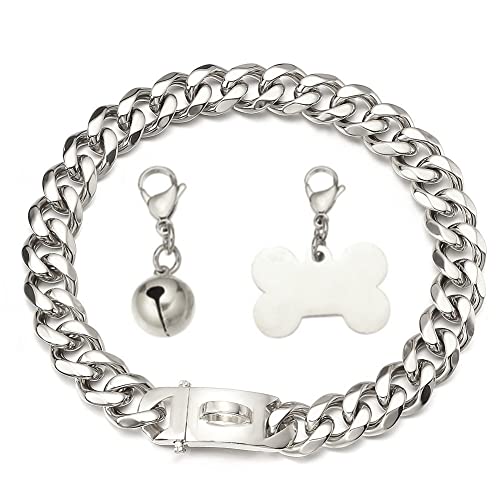 RUMYPET Silbernes Hundehalsband, kubanische Gliederkette, Halsband mit Design-Schnalle, Erkennungsmarke und Glöckchen, 15 mm/19 mm, stark, schwer, Edelstahl, 15 mm RUMYPET Silbernes Hundehalsband, kubanische Gliederkette, Halsband mit Design-Schnalle, Erkennungsmarke und Glöckchen, 15 mm/19 mm, stark, schwer, Edelstahl, 15 mm von RUMYPET