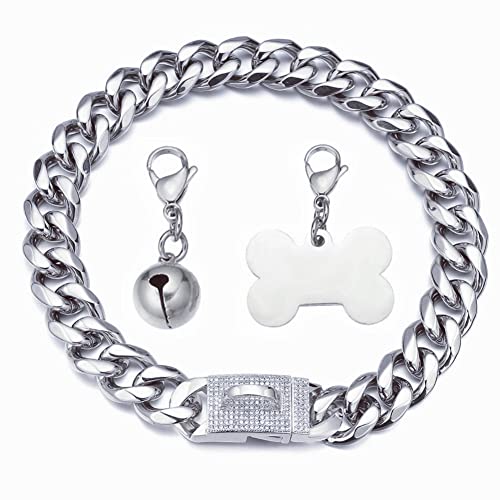 RUMYPET Silbernes Hundehalsband, kubanische Gliederkette, Halsband mit Zirkonia-Schnalle, Erkennungsmarke und Glöckchen, 15 mm/19 mm, stark, schwer, Edelstahl, 19 mm RUMYPET Silbernes Hundehalsband, kubanische Gliederkette, Halsband mit Zirkonia-Schnalle, Erkennungsmarke und Glöckchen, 15 mm/19 mm, stark, schwer, Edelstahl, 19 mm von RUMYPET