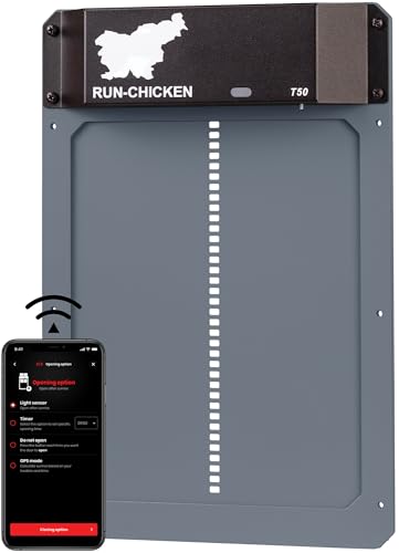 RUN-CHICKEN Automatische Hühnerklappe Batterie, Lichtsensor, Timer, Verzögerungsoption, Aluminium, Hühnertür Automatischer Türöffner, Elektrische Hühnerklappe Automatisch Modell T50, GRAU von RUN-CHICKEN