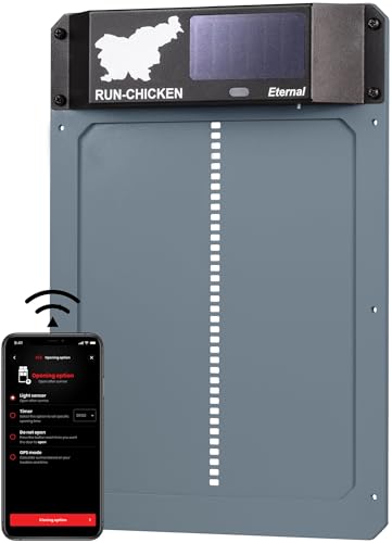 Run-Chicken Tür (grau) Solar Hühnerstall Tür, batteriebetriebene automatische Hühnerstalltür, programmierbare elektrische Hühnertür mit Timer, Lichtsensor, solarbetrieben, Eternal+ E50… von RUN-CHICKEN