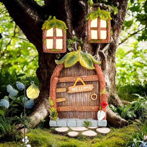 Feentür und Baumtür für Gärten, Harz Miniatur Feengarten Elfen Tür, Im Dunkeln Leuchtende Garten Wichteltür Gartendeko für Draußen Yard Bäume von RUNEAY