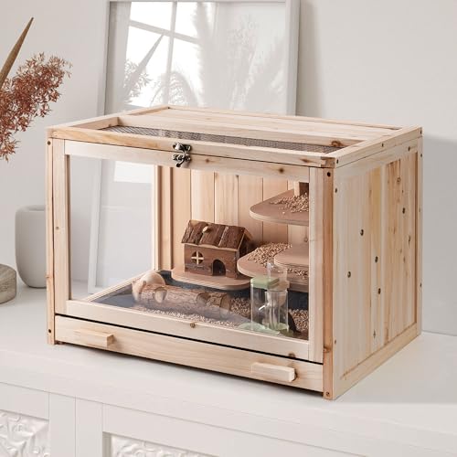 Hamsterkäfig Holz Tierschrank für Zwerg Syrische Hamster Transparent Hamsterkäfig Kleintierkäfig Meerschweinchenkäfig Rattenkäfig Hamster Lebensräume Gehege mit Versteck & Regal & Leiter von RUNSHED