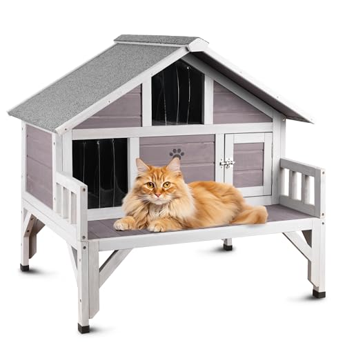 Katzenhaus für den Außenbereich, wetterfest, für den Winter, großes Holz-Haustierhaus für mehrere Katzen, mit Balkontüren, Grau Katzenhaus für den Außenbereich, wetterfest, für den Winter, großes Holz-Haustierhaus für mehrere Katzen, mit Balkontüren, Grau von RUNSHED
