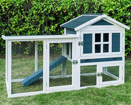 RUNSHED Großer Kaninchenstall für den Außenbereich, wetterfest, 2-stöckig, Hühnerstall und Kaninchenkäfig, aus Holz, für drinnen und draußen, mit auslaufsicherer Ablage, wasserdichtes Dach und von RUNSHED