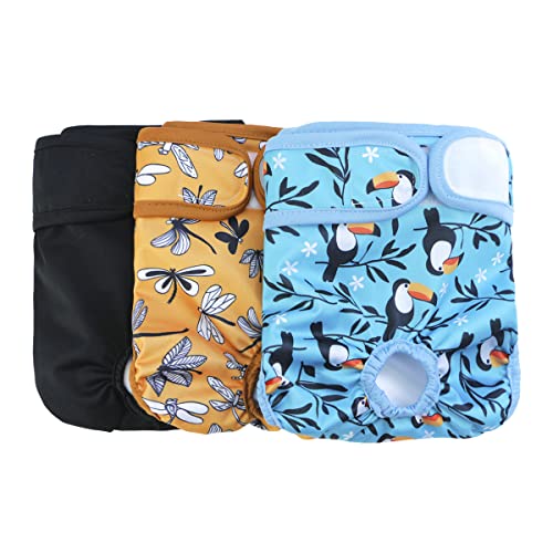 RURAUOGR Weibliche Hundewindeln Waschbar Wiederverwendbar Windeln für Hunde, Schwarz + Dragonfly + Toucan (S(28-40cm)) von RURAUOGR