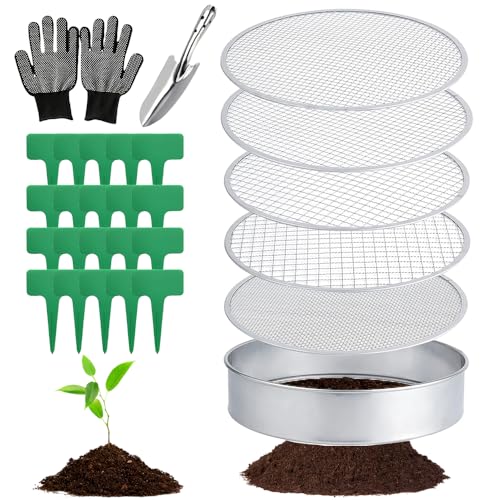 Gartensieb Rund, 5 in1 Gartensieb Edelstahl 30 cm, mit 5 Austauschbare Siebeinsätze Ø 3,6,9,10,12 mm, kompostsieb rund metall, inklusive Gartenschaufel und 20 Pflanzenetiketten 1 Paar Handschuhe. Gartensieb Rund, 5 in1 Gartensieb Edelstahl 30 cm, mit 5 Austauschbare Siebeinsätze Ø 3,6,9,10,12 mm, kompostsieb rund metall, inklusive Gartenschaufel und 20 Pflanzenetiketten 1 Paar Handschuhe. von RURIZHONGTIAN