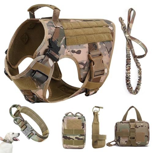 Hundegeschirr Hunde Mit Taktisches MOLLE Und Metallschnallen Ohne Zug, Verstellbare Sicherheitsgeschirr Mit Griff, Atmungsakti Brustgeschirr Hundeweste Für Große/Mittlere Hunde,Camo,Large von RUYICZB