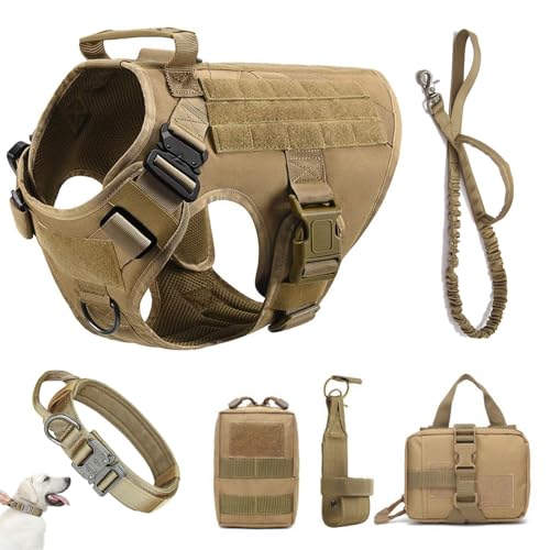 Hundegeschirr Hunde Mit Taktisches MOLLE Und Metallschnallen Ohne Zug, Verstellbare Sicherheitsgeschirr Mit Griff, Atmungsakti Brustgeschirr Hundeweste Für Große/Mittlere Hunde,Khaki,Large von RUYICZB