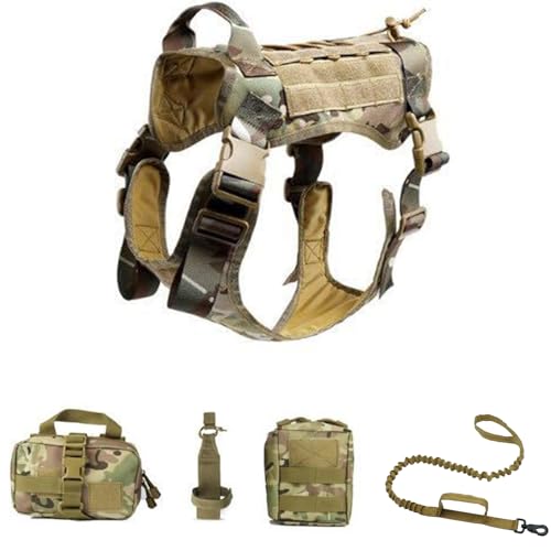 Hundegeschirr Und MOLLE System Set, Hundegeschirr Für Mittel Groß Hunde Hundewestengeschirr Mit Wasserflaschentasche Medizinische Erste Hilfe Tasche Und Mehrzwecktasche,Camo,L von RUYICZB