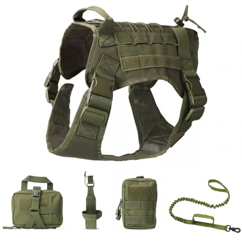 Hundegeschirr Und MOLLE System Set, Hundegeschirr Für Mittel Groß Hunde Hundewestengeschirr Mit Wasserflaschentasche Medizinische Erste Hilfe Tasche Und Mehrzwecktasche,Grün,L von RUYICZB