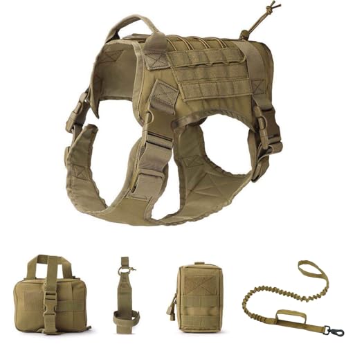 Hundegeschirr Und MOLLE System Set, Hundegeschirr Für Mittel Groß Hunde Hundewestengeschirr Mit Wasserflaschentasche Medizinische Erste Hilfe Tasche Und Mehrzwecktasche,Mud,L von RUYICZB