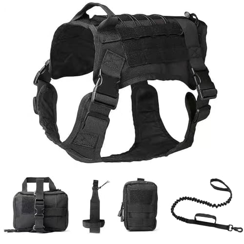 Hundegeschirr Und MOLLE System Set, Hundegeschirr Für Mittel Groß Hunde Hundewestengeschirr Mit Wasserflaschentasche Medizinische Erste Hilfe Tasche Und Mehrzwecktasche,Schwarz,L von RUYICZB