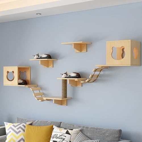 Katzen Wandregale, Katzenwandmöbel Set, Katzenregale Und Sitzstangen Für Wand, Kletterregal Spielplatz, Katzenkratzbaum Mit Katzenleiter Wandregal Innen Cat Condos Haus von RUYICZB