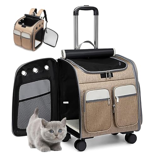 RUYICZB Katzentrage-Rucksack mit Rädern, Reise Trage für Haustiere mit Universal Rädern und Belüftungsfenstern aus Netzgewebe, bequemer Katzen-Rucksack,Khaki,19.6”x11.8”x17” RUYICZB Katzentrage-Rucksack mit Rädern, Reise Trage für Haustiere mit Universal Rädern und Belüftungsfenstern aus Netzgewebe, bequemer Katzen-Rucksack,Khaki,19.6”x11.8”x17” von RUYICZB