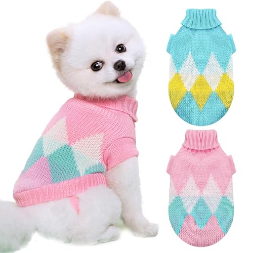 RUYICZB 2 Pack Hund Gestrickt Pullover Für Kleine Hunde Katzen, Weiche Warme Welpen Stricken Herbst Winter Haustier Hundekleidung Niedlich Rollkragenpullover Strickwaren Hund Outfits,Diamond,L von RUYICZB