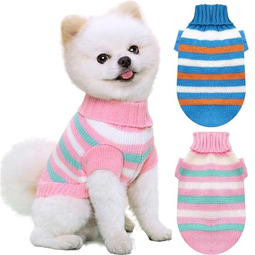 RUYICZB 2 Pack Hund Gestrickt Pullover Für Kleine Hunde Katzen, Weiche Warme Welpen Stricken Herbst Winter Haustier Hundekleidung Niedlich Rollkragenpullover Strickwaren Hund Outfits,Striped,S von RUYICZB