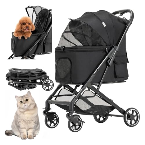 RUYICZB 3-in-1-Haustier-Buggy für kleine Hunde, mit einem klick zusammenklappbarer Katzen-Buggy ohne Reißverschluss-Einstieg, Welpen-/Katzen-Buggy mit Abnehmbarer Trage,Schwarz von RUYICZB