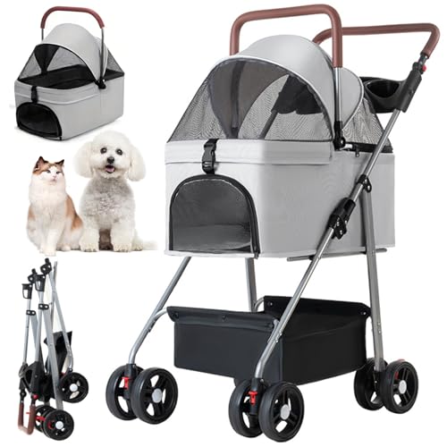 RUYICZB 3 in 1 Haustier Kinderwagen 4 Räder Hundebuggy Für Bis Zu 15Kg Kleine Mittlere Hunde Katzen Faltbare Welpen Hundewagen Mit 180° Verdeck Aufbewahrungskorb,Grau von RUYICZB