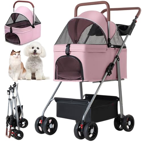 RUYICZB 3 in 1 Haustier Kinderwagen 4 Räder Hundebuggy Für Bis Zu 15Kg Kleine Mittlere Hunde Katzen Faltbare Welpen Hundewagen Mit 180° Verdeck Aufbewahrungskorb,Rosa von RUYICZB