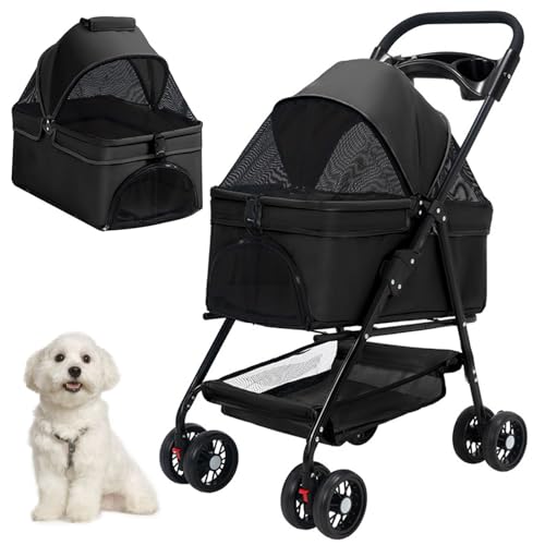 RUYICZB 3 in 1 Hundewagen Faltbarer Hundebuggy Haustierwagen 4 Rädern Klappbar Hundetrolley Mit Abnehmbarer Transporttasche Netzfenster Für Kleine Hunde Und Katzen Bis 15Kg,Schwarz RUYICZB 3 in 1 Hundewagen Faltbarer Hundebuggy Haustierwagen 4 Rädern Klappbar Hundetrolley Mit Abnehmbarer Transporttasche Netzfenster Für Kleine Hunde Und Katzen Bis 15Kg,Schwarz von RUYICZB