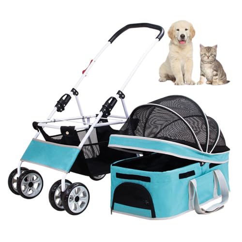 RUYICZB 3-in-1-Jogging-Kinderwagen für Hunde und Katzen, faltbar, mit 4 Rädern, Katzen-Kinderwagen mit abnehmbarem Autositz, All-Terrain-Hundekinderwagen,Blau von RUYICZB