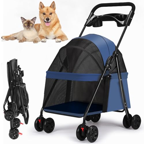 RUYICZB 4 Räder Faltbar Hund Kinderwagen, Welpenkäfig Katze Jogger Kinderwagen Portable Pet Cart Mit Lagerung Korb, Leichte Haustier Kinderwagen Für Kleine Mittlere Hunde Katzen,Blau RUYICZB 4 Räder Faltbar Hund Kinderwagen, Welpenkäfig Katze Jogger Kinderwagen Portable Pet Cart Mit Lagerung Korb, Leichte Haustier Kinderwagen Für Kleine Mittlere Hunde Katzen,Blau von RUYICZB
