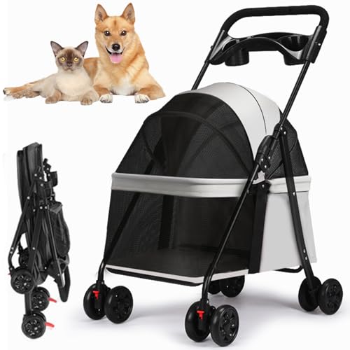 RUYICZB 4 Räder Faltbar Hund Kinderwagen, Welpenkäfig Katze Jogger Kinderwagen Portable Pet Cart Mit Lagerung Korb, Leichte Haustier Kinderwagen Für Kleine Mittlere Hunde Katzen,Grau RUYICZB 4 Räder Faltbar Hund Kinderwagen, Welpenkäfig Katze Jogger Kinderwagen Portable Pet Cart Mit Lagerung Korb, Leichte Haustier Kinderwagen Für Kleine Mittlere Hunde Katzen,Grau von RUYICZB