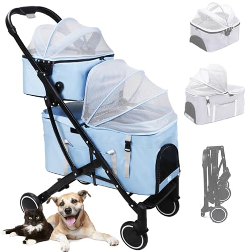 RUYICZB 4 Rädern Hundewagen, 2 in 1 Hundetrolley, Faltbarer Hundebuggy Mit 2 Abnehmbaren Taschen, Netzgewebe, Kissen, Haustierwagen Hundebox Hunde-Kinderwagen Für Hunde & Katzen,Blau von RUYICZB