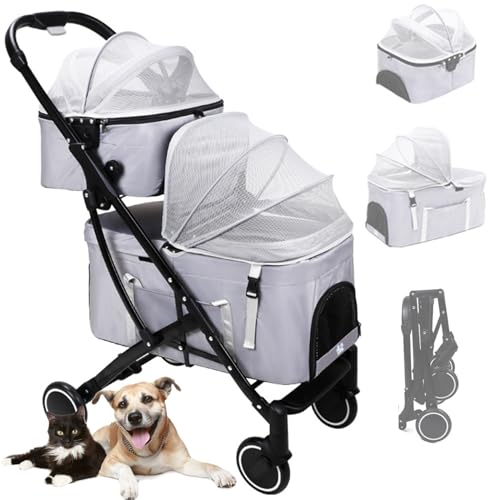 RUYICZB 4 Rädern Hundewagen, 2 in 1 Hundetrolley, Faltbarer Hundebuggy Mit 2 Abnehmbaren Taschen, Netzgewebe, Kissen, Haustierwagen Hundebox Hunde-Kinderwagen Für Hunde & Katzen,Grau von RUYICZB