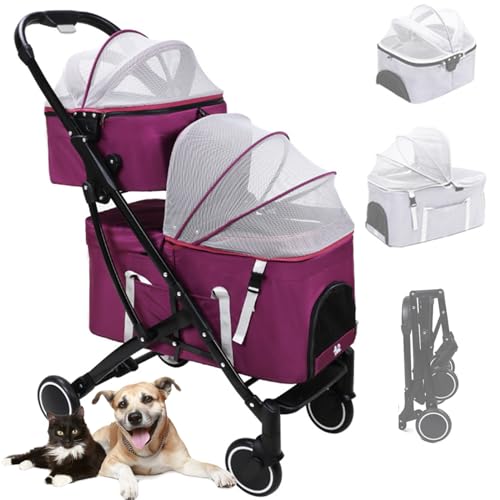 RUYICZB 4 Rädern Hundewagen, 2 in 1 Hundetrolley, Faltbarer Hundebuggy Mit 2 Abnehmbaren Taschen, Netzgewebe, Kissen, Haustierwagen Hundebox Hunde-Kinderwagen Für Hunde & Katzen,Lila von RUYICZB