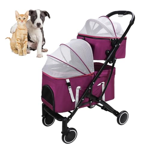 RUYICZB Abnehmbarer Doppel-Hundebuggy für 2 Hunde/Katzen, tragbarer Joggingwagen für Haustiere mit atmungsaktivem und sichtbarem Netz,Lila von RUYICZB