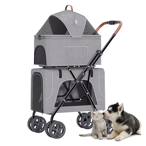 RUYICZB Abnehmbarer Doppel-Katzenbuggy, Einhand-Klapp-Doppel-Katzenbuggy mit feststellbaren Rädern und Netzfenstern, Hundebuggy mit Abnehmbarer Trage,Grau RUYICZB Abnehmbarer Doppel-Katzenbuggy, Einhand-Klapp-Doppel-Katzenbuggy mit feststellbaren Rädern und Netzfenstern, Hundebuggy mit Abnehmbarer Trage,Grau von RUYICZB