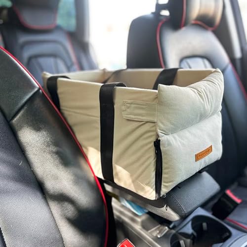 RUYICZB Autositz Hunde Klein Mittelkonsole, Kleine Stabiler Hundeautositz Mit Gurt, Abnehmbarer Waschbar Hundesitz Tasche Für Haustiere Für Die Meisten Interaktiven Für Katzen Hunde Bis 15Lbs,Beige von RUYICZB