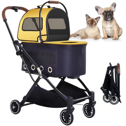 RUYICZB Doppelschichtiger Haustier-Kinderwagen, Faltbarer Reise-Kinderwagen Für Hunde Und Katzent 2 Tragbaren Reiseträgern Und Aufbewahrungskorb, Welpen-Kinderwagent 4 Rädern,Gelb RUYICZB Doppelschichtiger Haustier-Kinderwagen, Faltbarer Reise-Kinderwagen Für Hunde Und Katzent 2 Tragbaren Reiseträgern Und Aufbewahrungskorb, Welpen-Kinderwagent 4 Rädern,Gelb von RUYICZB