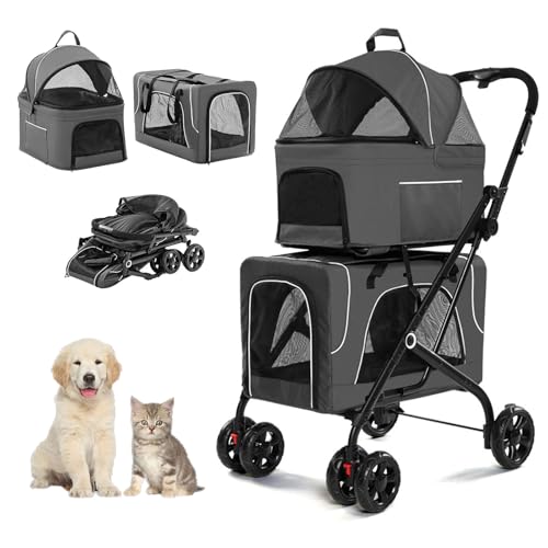 RUYICZB Doppelter Haustier-Buggy, Leichter Faltbarer Hundebuggy mit abnehmbaren Trägern und Sicherheitsgurt, Katzenbuggy mit 4 feststellbaren Rädern,Grau RUYICZB Doppelter Haustier-Buggy, Leichter Faltbarer Hundebuggy mit abnehmbaren Trägern und Sicherheitsgurt, Katzenbuggy mit 4 feststellbaren Rädern,Grau von RUYICZB